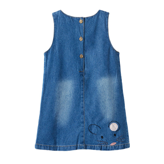 Cute Mouse Print Denim Pinafore Dress for Girls (Ages 2-8) - Cotton and Denim