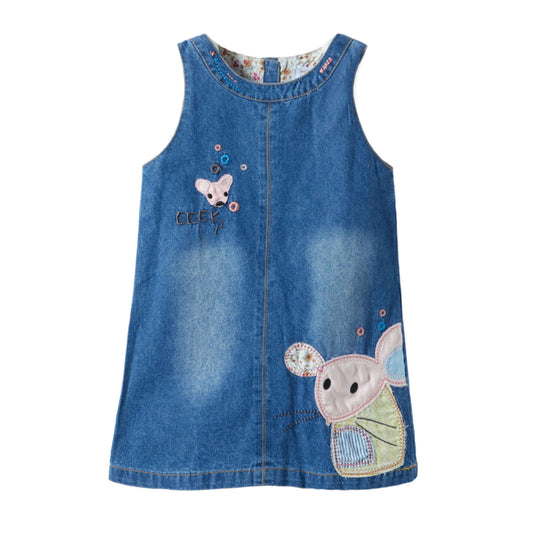 Cute Mouse Print Denim Pinafore Dress for Girls (Ages 2-8) - Cotton and Denim