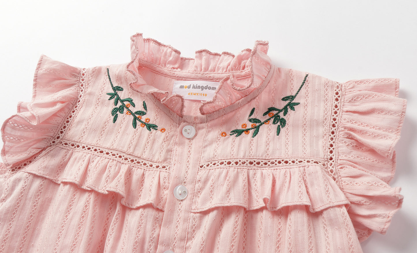 Girls 4-9 Embroidered Flutter Sleeve Cotton Top - Ruffled Collar, Blue/Pink (USD Priced)
