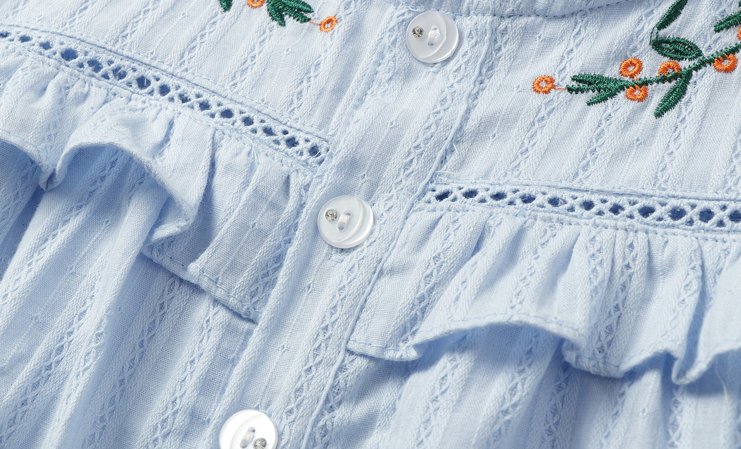 Girls 4-9 Embroidered Flutter Sleeve Cotton Top - Ruffled Collar, Blue/Pink (USD Priced)