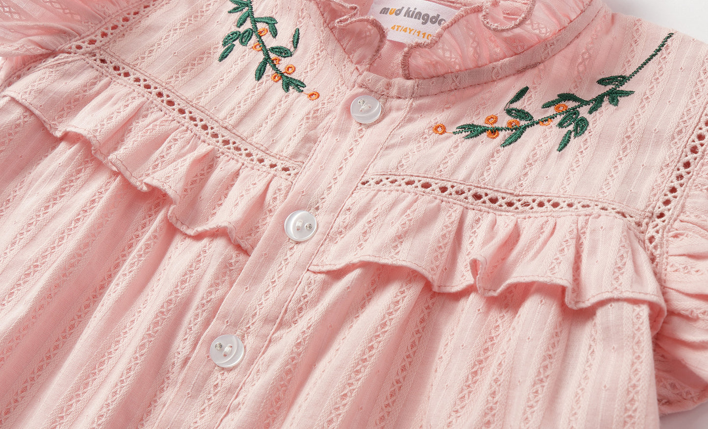 Girls 4-9 Embroidered Flutter Sleeve Cotton Top - Ruffled Collar, Blue/Pink (USD Priced)