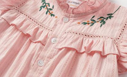 Girls 4-9 Embroidered Flutter Sleeve Cotton Top - Ruffled Collar, Blue/Pink (USD Priced)