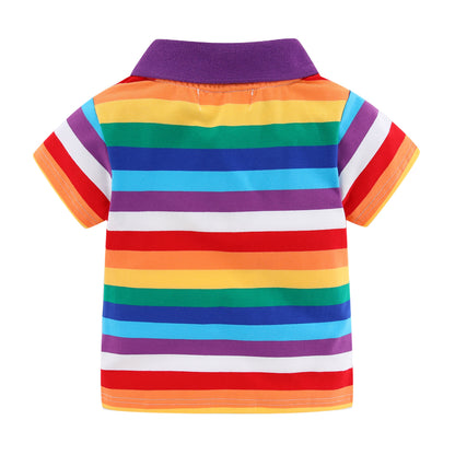 1-8Y Kids Striped Polo T-Shirt | 100% Cotton | Rainbow/Black-White/Pink-Black | Breathable | Button Closure | Anti-Pinch Design