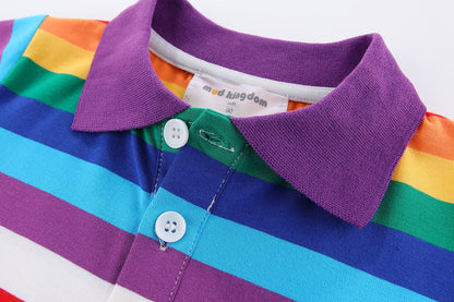 1-8Y Kids Striped Polo T-Shirt | 100% Cotton | Rainbow/Black-White/Pink-Black | Breathable | Button Closure | Anti-Pinch Design
