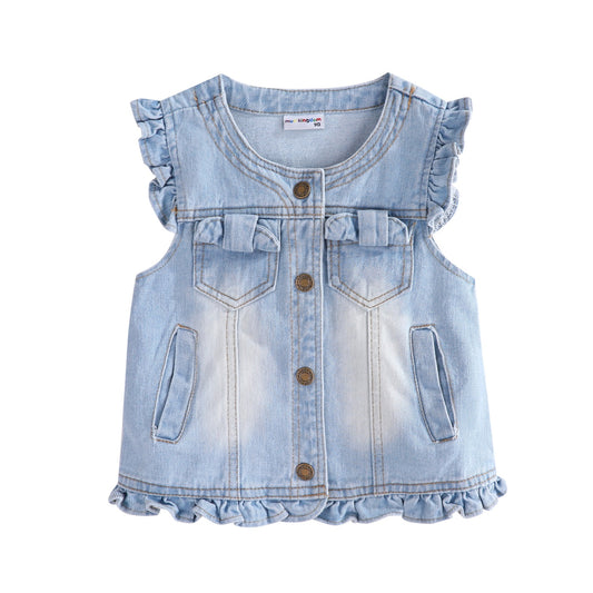 Stylish Sleeveless Denim Vest with Ruffled Details for Toddler & Little Girls (2 - 10Y)
