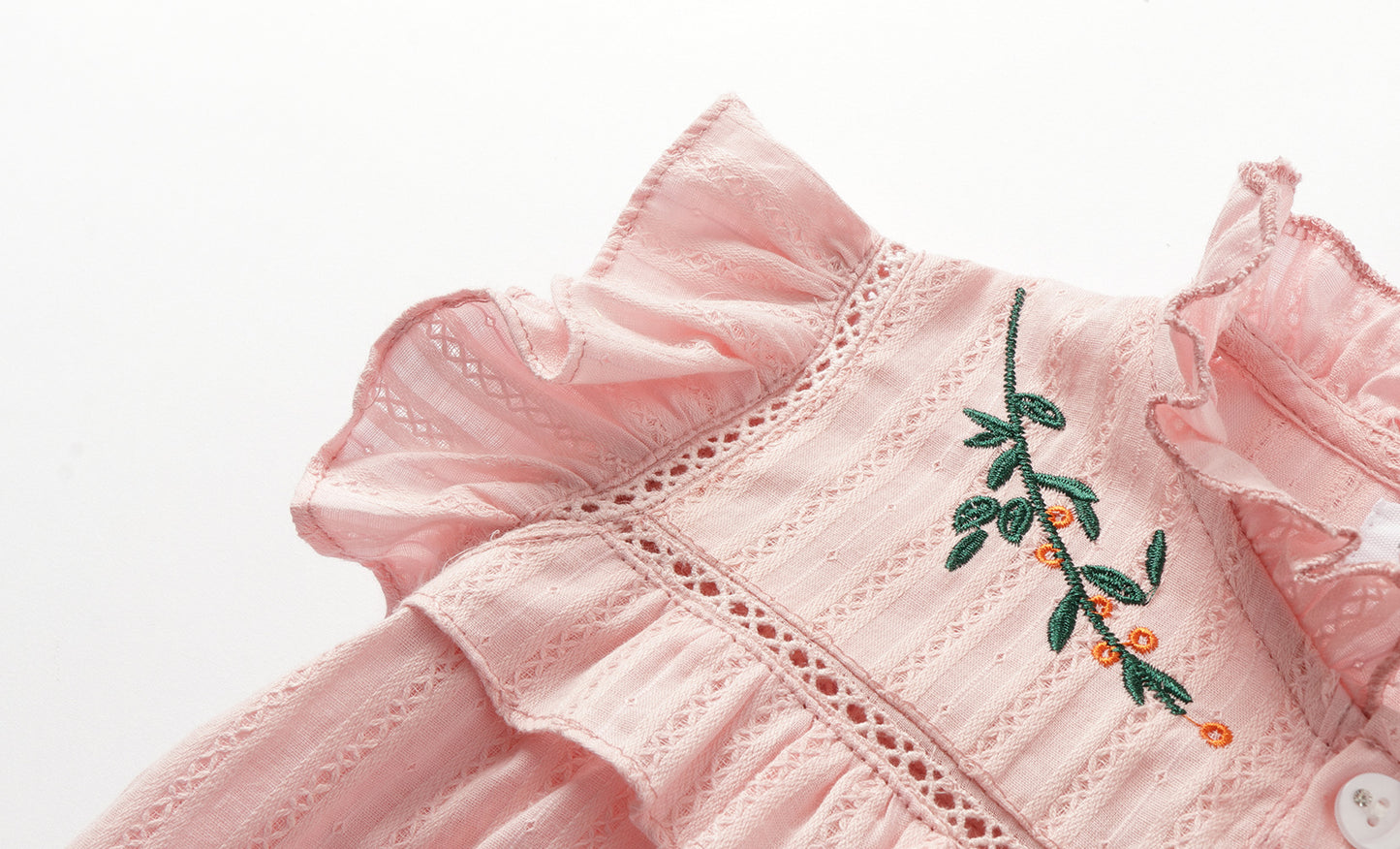 Girls 4-9 Embroidered Flutter Sleeve Cotton Top - Ruffled Collar, Blue/Pink (USD Priced)