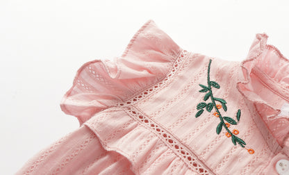 Girls 4-9 Embroidered Flutter Sleeve Cotton Top - Ruffled Collar, Blue/Pink (USD Priced)
