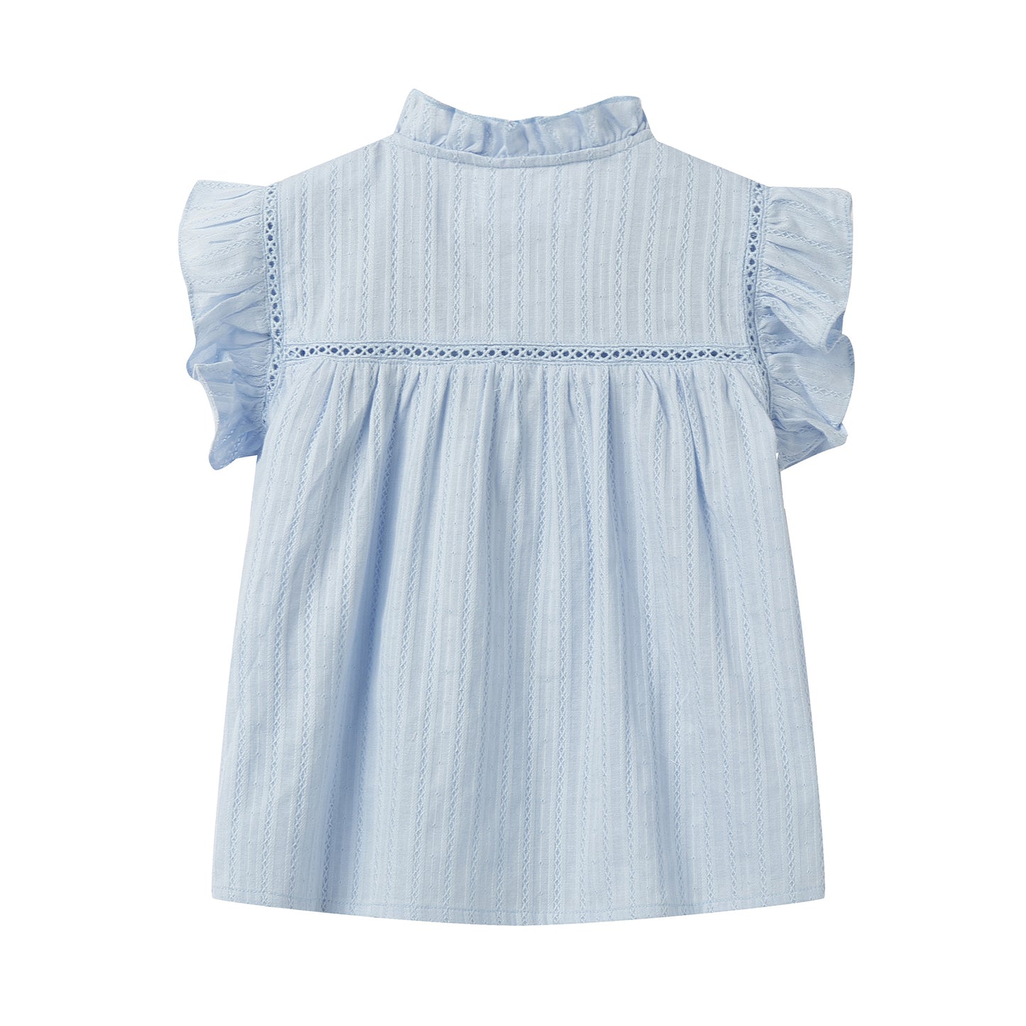 Girls 4-9 Embroidered Flutter Sleeve Cotton Top - Ruffled Collar, Blue/Pink (USD Priced)