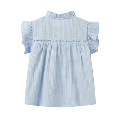 Girls 4-9 Embroidered Flutter Sleeve Cotton Top - Ruffled Collar, Blue/Pink (USD Priced)