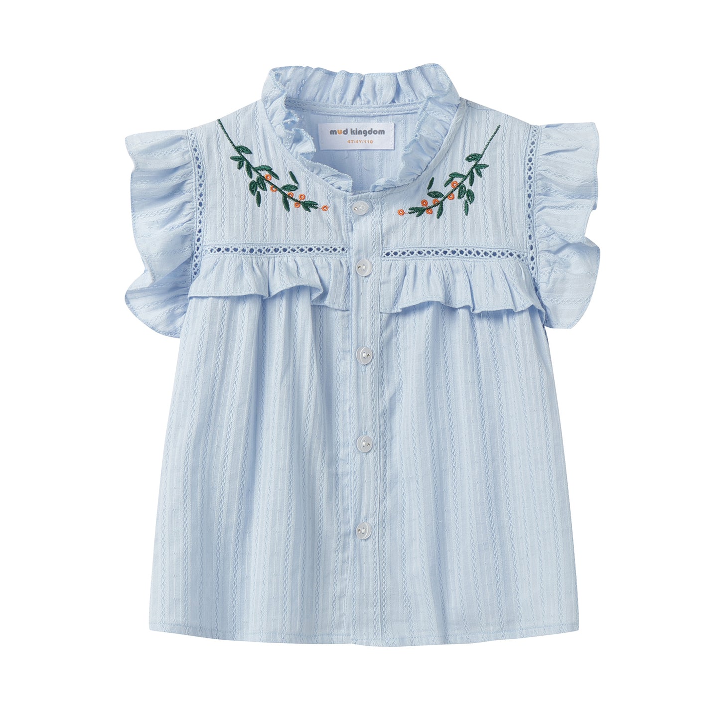 Girls 4-9 Embroidered Flutter Sleeve Cotton Top - Ruffled Collar, Blue/Pink (USD Priced)