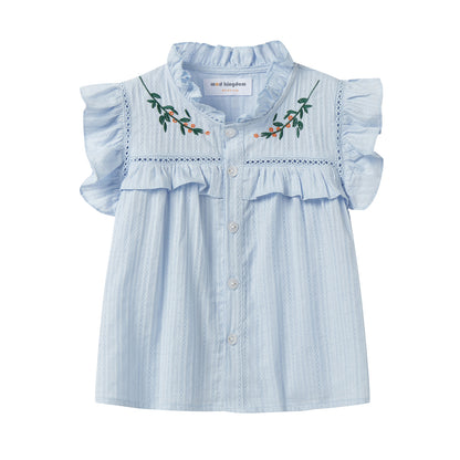 Girls 4-9 Embroidered Flutter Sleeve Cotton Top - Ruffled Collar, Blue/Pink (USD Priced)