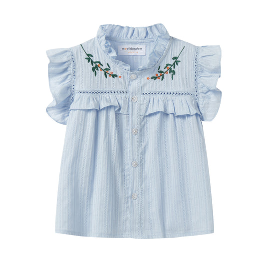 Girls 4-9 Embroidered Flutter Sleeve Cotton Top - Ruffled Collar, Blue/Pink (USD Priced)