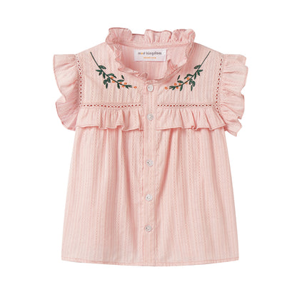 Girls 4-9 Embroidered Flutter Sleeve Cotton Top - Ruffled Collar, Blue/Pink (USD Priced)