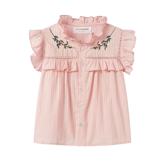 Girls 4-9 Embroidered Flutter Sleeve Cotton Top - Ruffled Collar, Blue/Pink (USD Priced)