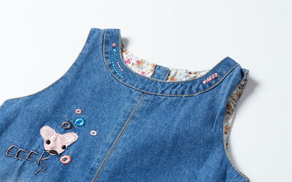 Cute Mouse Print Denim Pinafore Dress for Girls (Ages 2-8) - Cotton and Denim