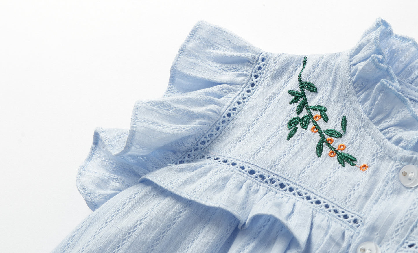 Girls 4-9 Embroidered Flutter Sleeve Cotton Top - Ruffled Collar, Blue/Pink (USD Priced)
