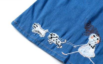 Adorable 2 - 7Y Blue Denim Sleeveless Dress | Puppy Embroidery | Round Neck | Invisible Zipper