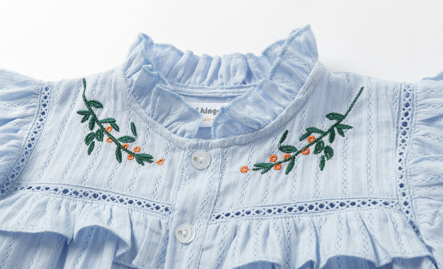 Girls 4-9 Embroidered Flutter Sleeve Cotton Top - Ruffled Collar, Blue/Pink (USD Priced)