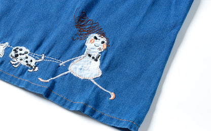 Adorable 2 - 7Y Blue Denim Sleeveless Dress | Puppy Embroidery | Round Neck | Invisible Zipper