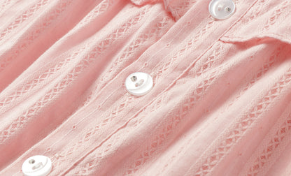 Girls 4-9 Embroidered Flutter Sleeve Cotton Top - Ruffled Collar, Blue/Pink (USD Priced)
