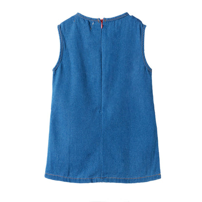 Adorable 2 - 7Y Blue Denim Sleeveless Dress | Puppy Embroidery | Round Neck | Invisible Zipper