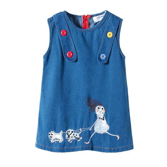 Adorable 2 - 7Y Blue Denim Sleeveless Dress | Puppy Embroidery | Round Neck | Invisible Zipper