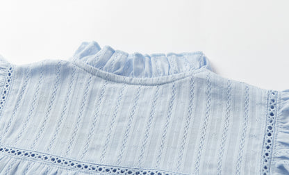 Girls 4-9 Embroidered Flutter Sleeve Cotton Top - Ruffled Collar, Blue/Pink (USD Priced)