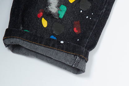 Toddler Denim Shorts 2-8Y - Colorful Paint Splatter, Elastic Waist（USD Priced）