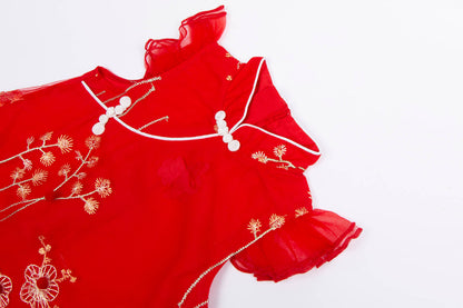 3-10Y Adorable New Chinese Style Kids Dress | Red/Pink | Gauze Cotton | Frog Closure & Embroidery