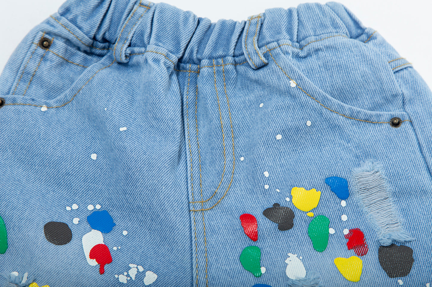 Toddler Denim Shorts 2-8Y - Colorful Paint Splatter, Elastic Waist（USD Priced）