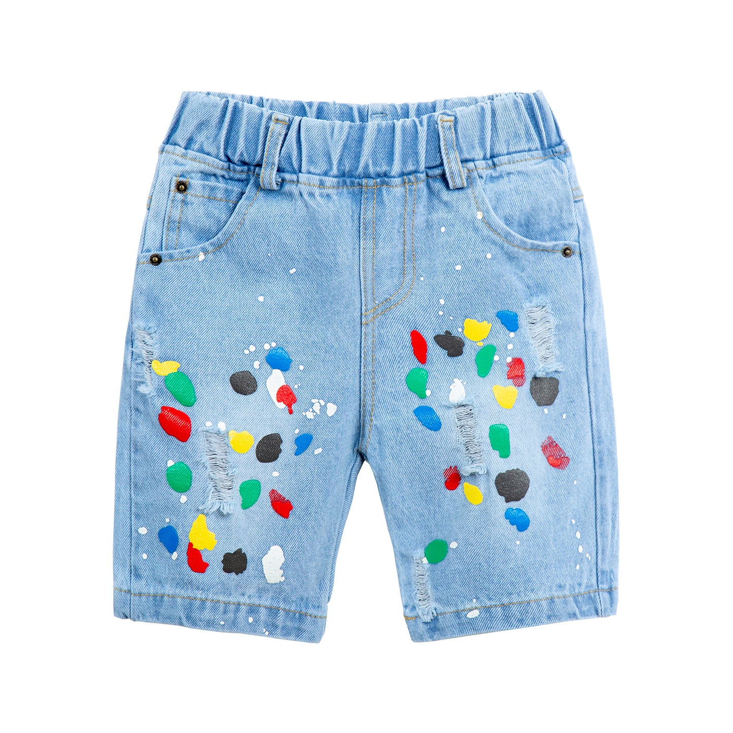 Toddler Denim Shorts 2-8Y - Colorful Paint Splatter, Elastic Waist（USD Priced）