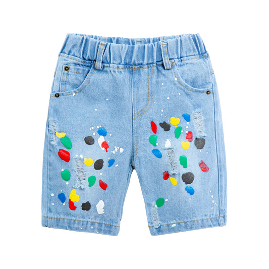 Toddler Denim Shorts 2-8Y - Colorful Paint Splatter, Elastic Waist（USD Priced）