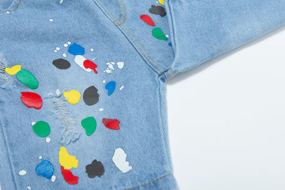 Toddler Denim Shorts 2-8Y - Colorful Paint Splatter, Elastic Waist（USD Priced）