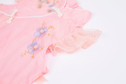 3-10Y Adorable New Chinese Style Kids Dress | Red/Pink | Gauze Cotton | Frog Closure & Embroidery
