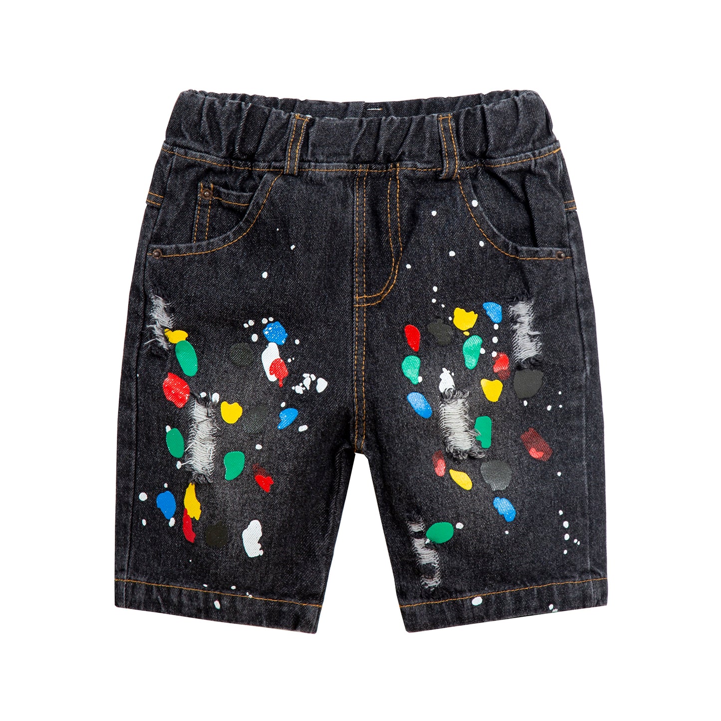 Toddler Denim Shorts 2-8Y - Colorful Paint Splatter, Elastic Waist（USD Priced）