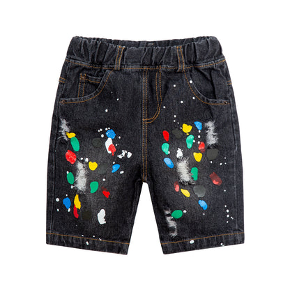 Toddler Denim Shorts 2-8Y - Colorful Paint Splatter, Elastic Waist（USD Priced）