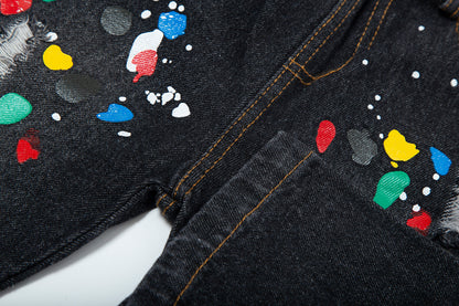 Toddler Denim Shorts 2-8Y - Colorful Paint Splatter, Elastic Waist（USD Priced）