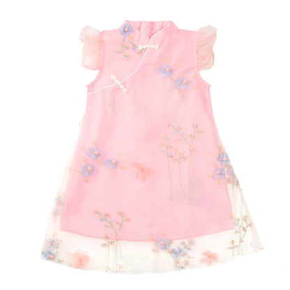 3-10Y Adorable New Chinese Style Kids Dress | Red/Pink | Gauze Cotton | Frog Closure & Embroidery
