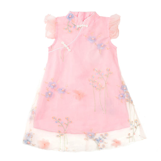 3-10Y Adorable New Chinese Style Kids Dress | Red/Pink | Gauze Cotton | Frog Closure & Embroidery