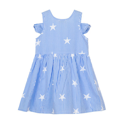 Cotton Striped Star Dress for Girls (4 - 11Y) with Bow Accent