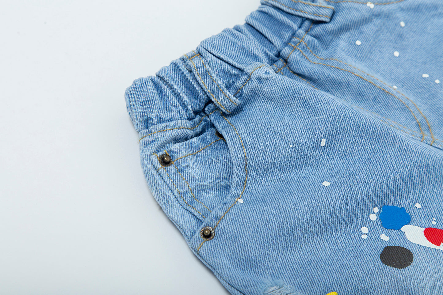 Toddler Denim Shorts 2-8Y - Colorful Paint Splatter, Elastic Waist（USD Priced）