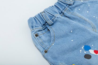 Toddler Denim Shorts 2-8Y - Colorful Paint Splatter, Elastic Waist（USD Priced）