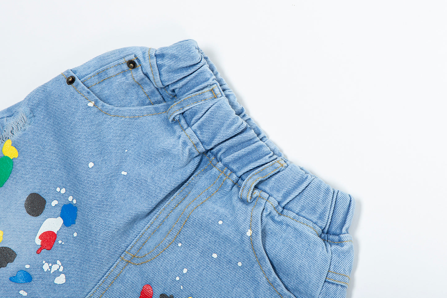 Toddler Denim Shorts 2-8Y - Colorful Paint Splatter, Elastic Waist（USD Priced）