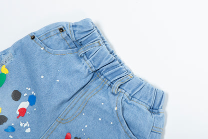 Toddler Denim Shorts 2-8Y - Colorful Paint Splatter, Elastic Waist（USD Priced）