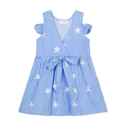 Cotton Striped Star Dress for Girls (4 - 11Y) with Bow Accent