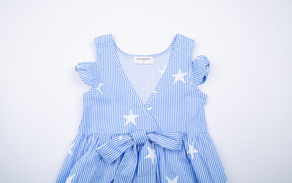 Cotton Striped Star Dress for Girls (4 - 11Y) with Bow Accent